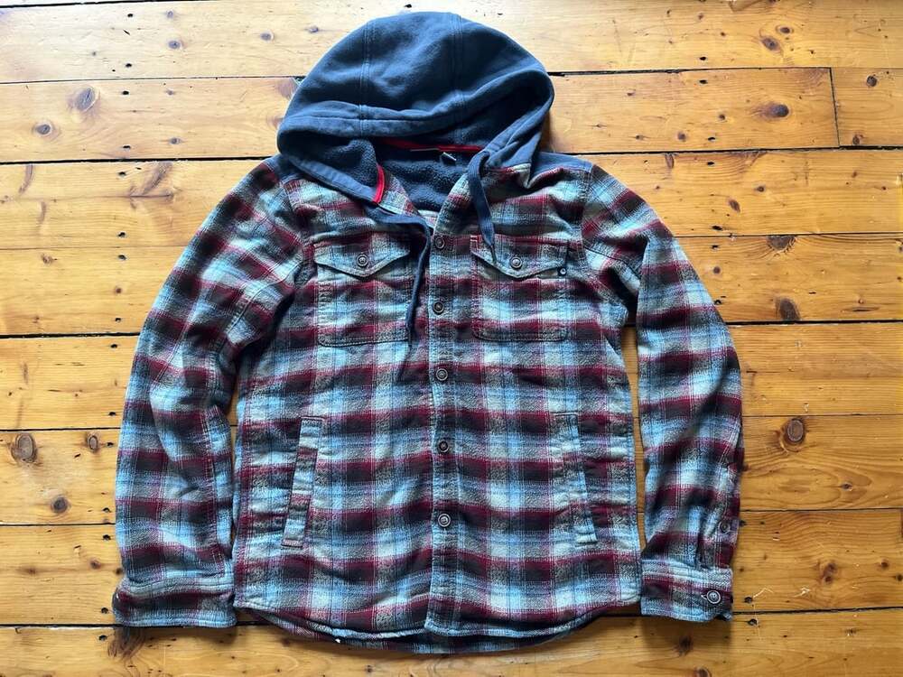 Marmot Plaid Flannel Hooded Shirt Jacket Red Blue Gray Size Small S